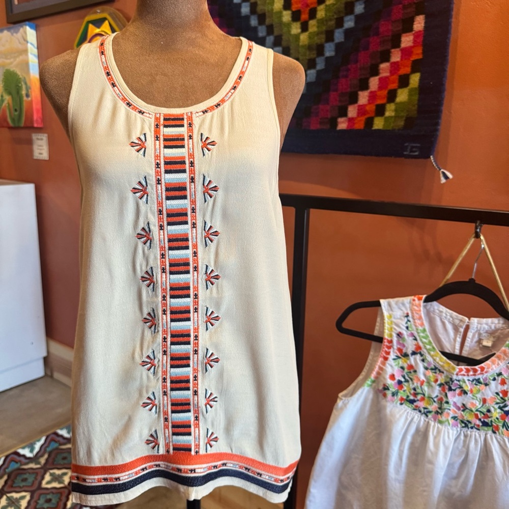 Southwest Embroidered Small Sleeveless Top with Orange and Blue Accents